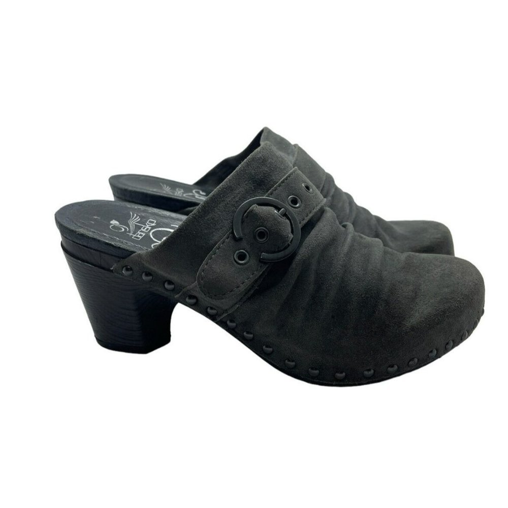 Dansko Black Suede Clog Mules with Buckle